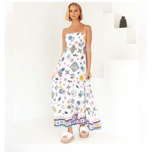 Anthropologie Label of Love Portofino Maxi Dress XL White Floral Linen Boho